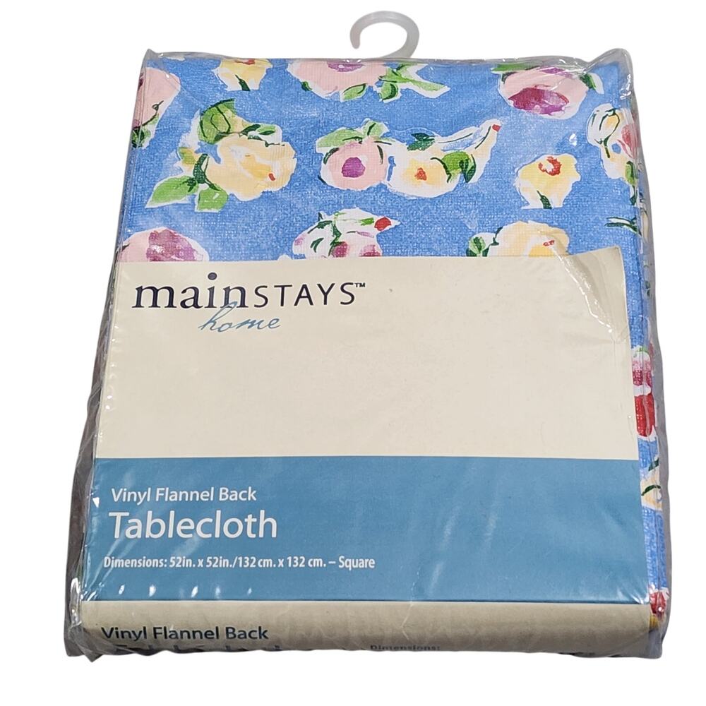 Blue Floral Vinyl Tablecloth Flannel Back 52inx52in Square Mainstays Home  - NIP